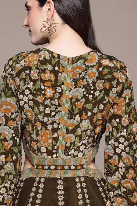 Buy Ritu Kumar Brown Viscose Round Neck Flora Long Dress Buy_Ritu Kumar_Brown Viscose Round Neck Flora Long Dress
