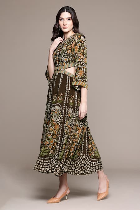 Shop Ritu Kumar Brown Viscose Round Neck Flora Long Dress Shop_Ritu Kumar_Brown Viscose Round Neck Flora Long Dress