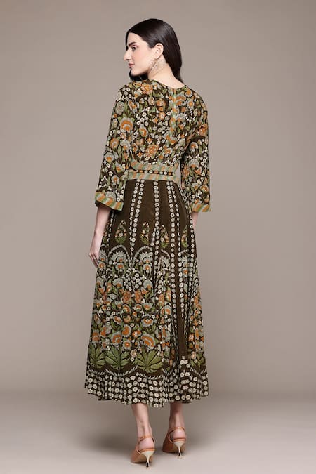 Shop Ritu Kumar Brown Viscose Round Neck Flora Long Dress at Aza Fashions Shop_Ritu Kumar_Brown Viscose Round Neck Flora Long Dress _at_Aza_Fashions