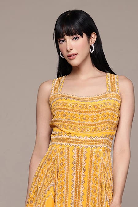 Ritu Kumar Yellow Viscose Square Collar Keya Long Dress Online at Aza Fashions Ritu Kumar_Yellow Viscose Square Collar Keya Long Dress _Online_at_Aza_Fashions