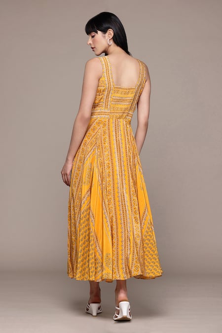 Shop Ritu Kumar Yellow Viscose Square Collar Keya Long Dress at Aza Fashions Shop_Ritu Kumar_Yellow Viscose Square Collar Keya Long Dress _at_Aza_Fashions
