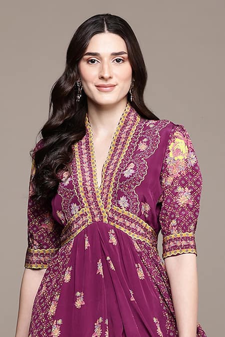 Shop Ritu Kumar Purple Viscose V-neck Pratika Long Dress Online at Aza Fashions Shop_Ritu Kumar_Purple Viscose V-neck Pratika Long Dress _Online_at_Aza_Fashions