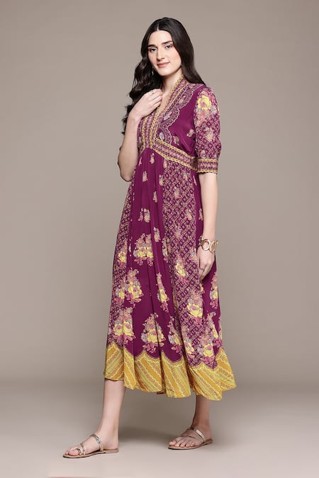 Ritu Kumar Purple Viscose V-neck Pratika Long Dress at Aza Fashions Ritu Kumar_Purple Viscose V-neck Pratika Long Dress _at_Aza_Fashions