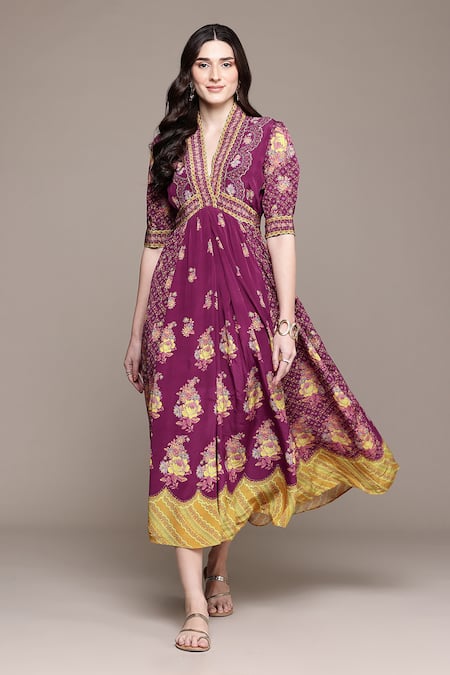 Buy Ritu Kumar Purple Viscose V-neck Pratika Long Dress Buy_Ritu Kumar_Purple Viscose V-neck Pratika Long Dress