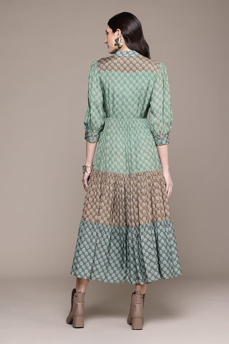 Shop Ritu Kumar Green Viscose V-neck Essential-avani Buti Long Dress at Aza Fashions Shop_Ritu Kumar_Green Viscose V-neck Essential-avani Buti Long Dress _at_Aza_Fashions