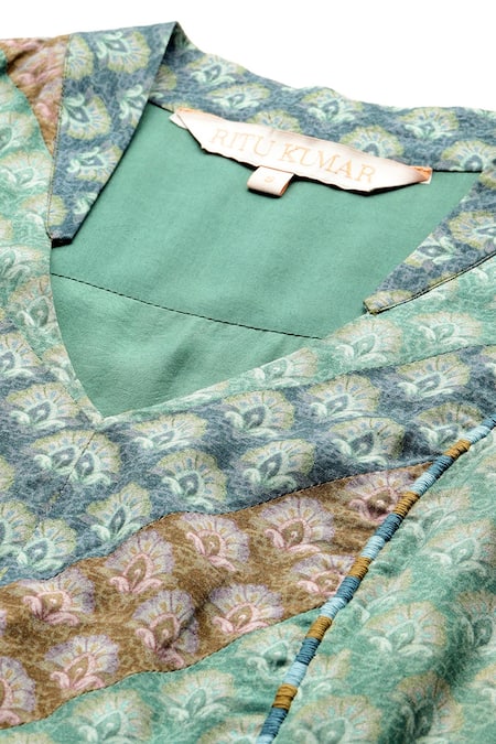 Buy Ritu Kumar Green Viscose V-neck Essential-avani Buti Long Dress Online at Aza Fashions Buy_Ritu Kumar_Green Viscose V-neck Essential-avani Buti Long Dress _Online_at_Aza_Fashions