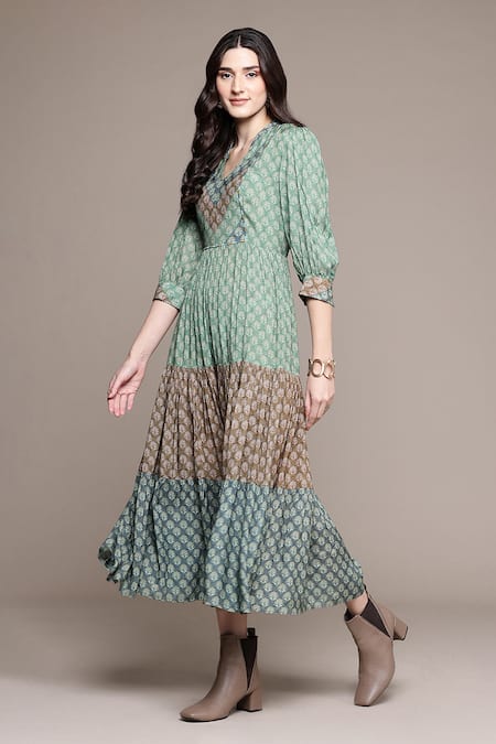 Shop Ritu Kumar Green Viscose V-neck Essential-avani Buti Long Dress Online at Aza Fashions Shop_Ritu Kumar_Green Viscose V-neck Essential-avani Buti Long Dress _Online_at_Aza_Fashions