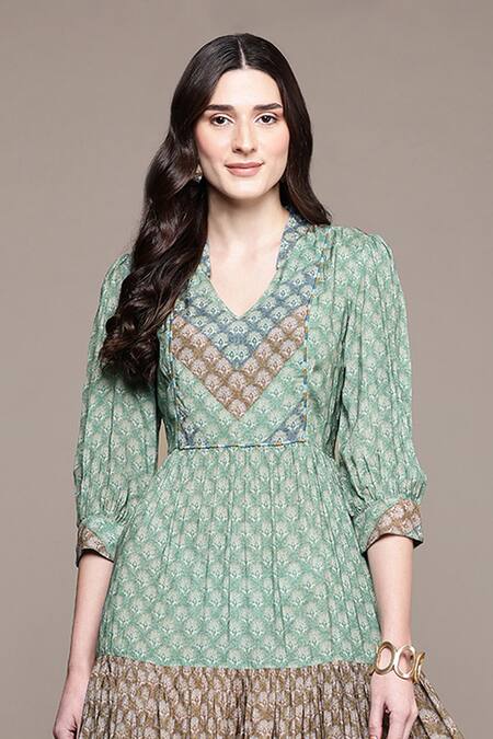 Ritu Kumar Green Viscose V-neck Essential-avani Buti Long Dress at Aza Fashions Ritu Kumar_Green Viscose V-neck Essential-avani Buti Long Dress _at_Aza_Fashions