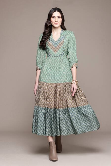 Shop Ritu Kumar Green Viscose V-neck Essential-avani Buti Long Dress Shop_Ritu Kumar_Green Viscose V-neck Essential-avani Buti Long Dress