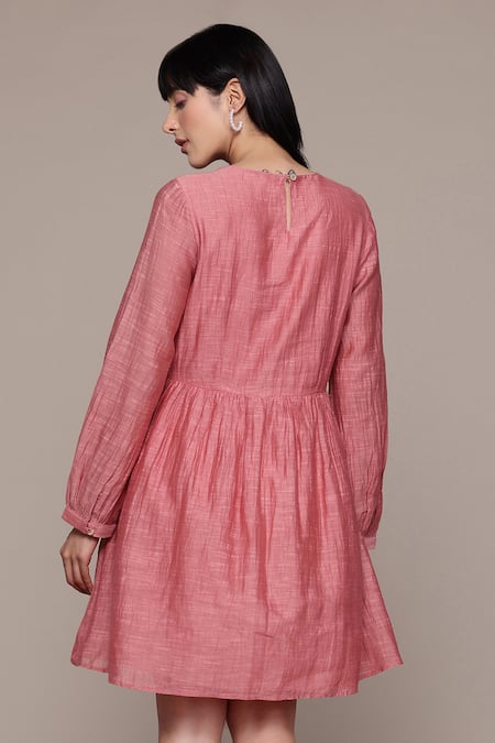 Shop Ritu Kumar Pink Viscose, Cotton Embroidery Round Neck Essential-label Short Dress at Aza Fashions Shop_Ritu Kumar_Pink Viscose, Cotton Embroidery Round Neck Essential-label Short Dress _at_Aza_Fashions