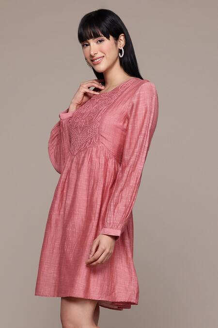 Ritu Kumar Pink Viscose, Cotton Embroidery Round Neck Essential-label Short Dress Online at Aza Fashions Ritu Kumar_Pink Viscose, Cotton Embroidery Round Neck Essential-label Short Dress _Online_at_Aza_Fashions