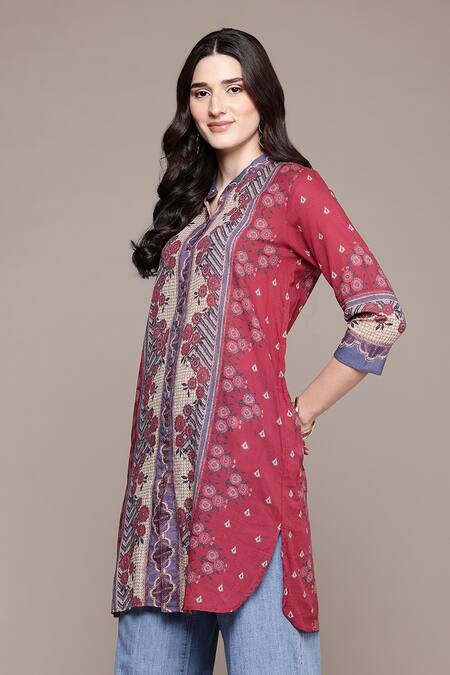 Ritu Kumar_Red Cotton Crew Neck Trancobar Kurta_Online_at_Aza_Fashions