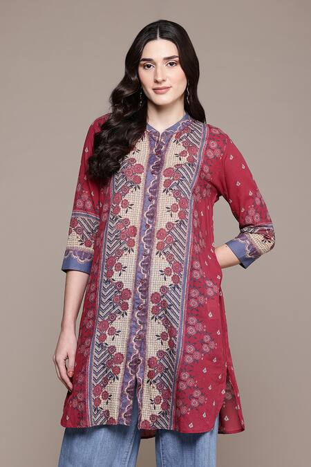 Buy_Ritu Kumar_Red Cotton Crew Neck Trancobar Kurta_Online_at_Aza_Fashions