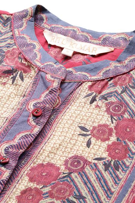 Shop_Ritu Kumar_Red Cotton Crew Neck Trancobar Kurta_Online_at_Aza_Fashions