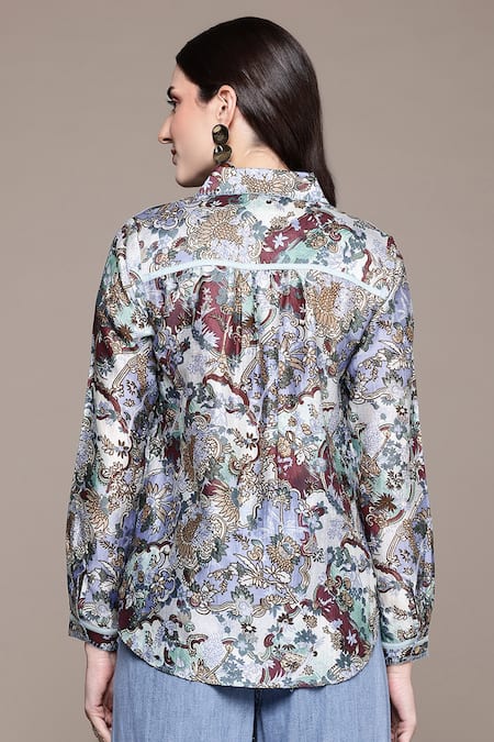 Shop Ritu Kumar Blue Cotton, Silk Shawl Neck, Collared Calabria Printed Shirt at Aza Fashions Shop_Ritu Kumar_Blue Cotton, Silk Shawl Neck, Collared Calabria Printed Shirt _at_Aza_Fashions