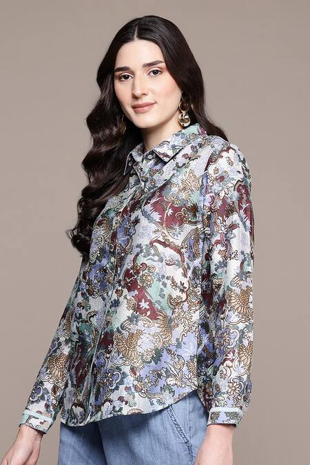 Ritu Kumar Blue Cotton, Silk Shawl Neck, Collared Calabria Printed Shirt Online at Aza Fashions Ritu Kumar_Blue Cotton, Silk Shawl Neck, Collared Calabria Printed Shirt _Online_at_Aza_Fashions
