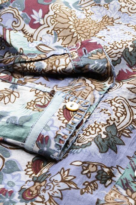 Buy Ritu Kumar Blue Cotton, Silk Shawl Neck, Collared Calabria Printed Shirt Online at Aza Fashions Buy_Ritu Kumar_Blue Cotton, Silk Shawl Neck, Collared Calabria Printed Shirt _Online_at_Aza_Fashions