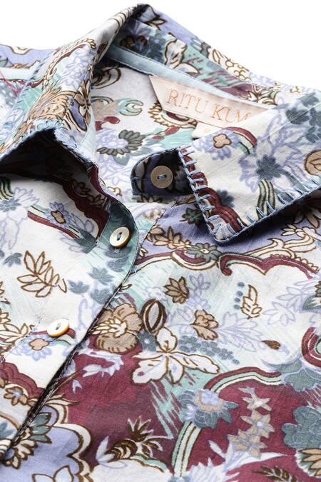 Shop Ritu Kumar Blue Cotton, Silk Shawl Neck, Collared Calabria Printed Shirt Online at Aza Fashions Shop_Ritu Kumar_Blue Cotton, Silk Shawl Neck, Collared Calabria Printed Shirt _Online_at_Aza_Fashions
