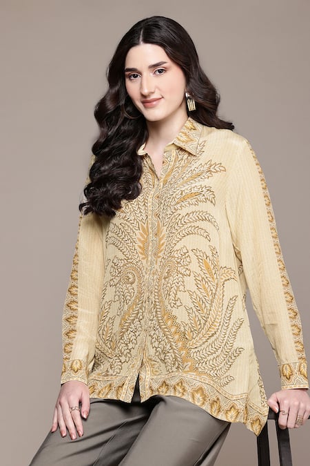 Ritu Kumar Beige Viscose Embroidery Shawl Neck Arith Digital Print Shirt Online at Aza Fashions Ritu Kumar_Beige Viscose Embroidery Shawl Neck Arith Digital Print Shirt _Online_at_Aza_Fashions