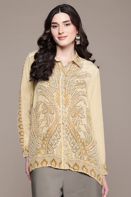 Buy Ritu Kumar Beige Viscose Embroidery Shawl Neck Arith Digital Print Shirt Online at Aza Fashions Buy_Ritu Kumar_Beige Viscose Embroidery Shawl Neck Arith Digital Print Shirt _Online_at_Aza_Fashions