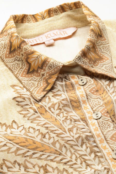 Shop Ritu Kumar Beige Viscose Embroidery Shawl Neck Arith Digital Print Shirt Online at Aza Fashions Shop_Ritu Kumar_Beige Viscose Embroidery Shawl Neck Arith Digital Print Shirt _Online_at_Aza_Fashions