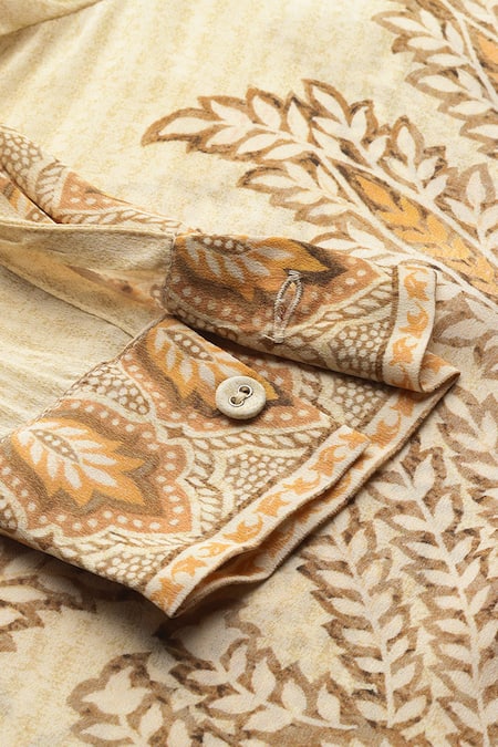 Ritu Kumar Beige Viscose Embroidery Shawl Neck Arith Digital Print Shirt at Aza Fashions Ritu Kumar_Beige Viscose Embroidery Shawl Neck Arith Digital Print Shirt _at_Aza_Fashions