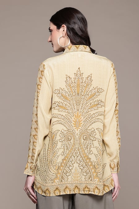 Shop Ritu Kumar Beige Viscose Embroidery Shawl Neck Arith Digital Print Shirt at Aza Fashions Shop_Ritu Kumar_Beige Viscose Embroidery Shawl Neck Arith Digital Print Shirt _at_Aza_Fashions