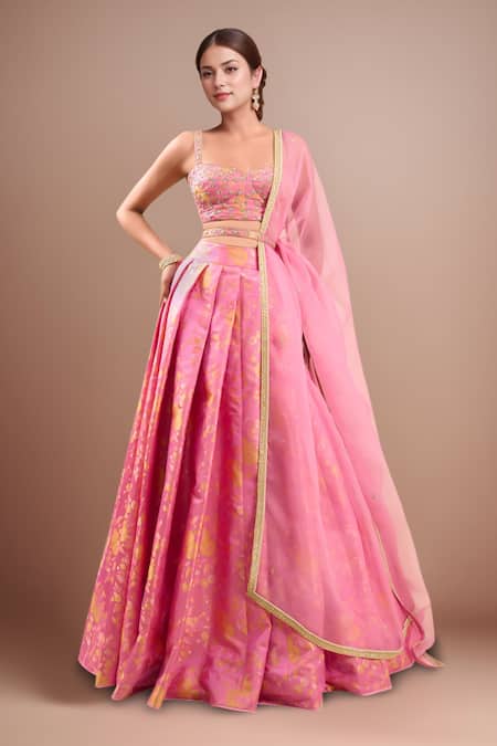 Shyam Narayan Prasad Flamingo Pink Zardozi Embroidered Lehenga Set 