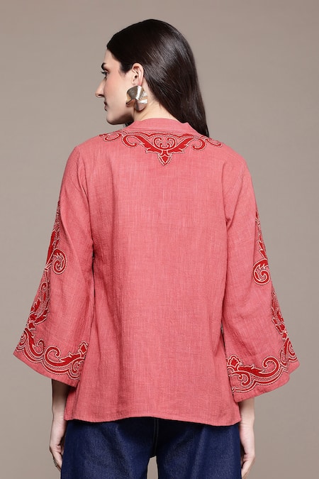 Shop Ritu Kumar Pink Cotton Embroidery V-neck Inlay Short Kurta at Aza Fashions Shop_Ritu Kumar_Pink Cotton Embroidery V-neck Inlay Short Kurta _at_Aza_Fashions