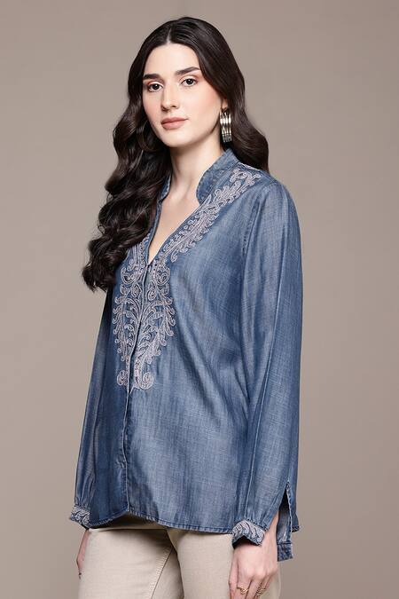Ritu Kumar_Blue Tencel, Denim Embroidery V-neck A-line Top _Online_at_Aza_Fashions