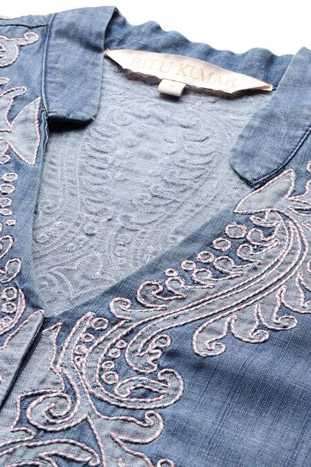 Buy_Ritu Kumar_Blue Tencel, Denim Embroidery V-neck A-line Top _Online_at_Aza_Fashions