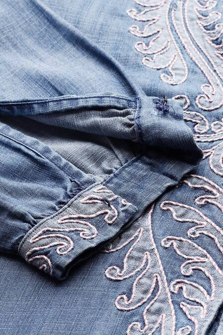 Shop_Ritu Kumar_Blue Tencel, Denim Embroidery V-neck A-line Top _Online_at_Aza_Fashions