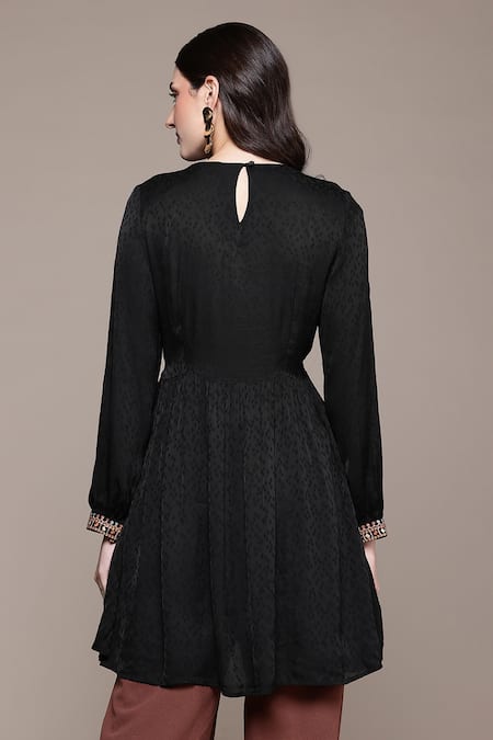 Shop Ritu Kumar Black Viscose Embroidery Round Neck Arith Solid Short Top at Aza Fashions Shop_Ritu Kumar_Black Viscose Embroidery Round Neck Arith Solid Short Top _at_Aza_Fashions