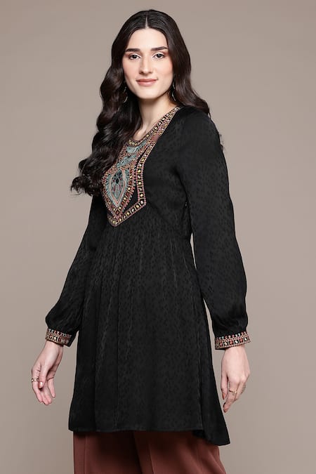 Ritu Kumar Black Viscose Embroidery Round Neck Arith Solid Short Top Online at Aza Fashions Ritu Kumar_Black Viscose Embroidery Round Neck Arith Solid Short Top _Online_at_Aza_Fashions