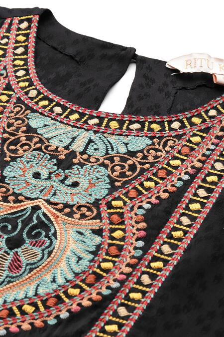 Shop Ritu Kumar Black Viscose Embroidery Round Neck Arith Solid Short Top Online at Aza Fashions Shop_Ritu Kumar_Black Viscose Embroidery Round Neck Arith Solid Short Top _Online_at_Aza_Fashions