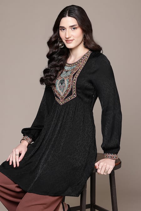 Ritu Kumar Black Viscose Embroidery Round Neck Arith Solid Short Top at Aza Fashions Ritu Kumar_Black Viscose Embroidery Round Neck Arith Solid Short Top _at_Aza_Fashions