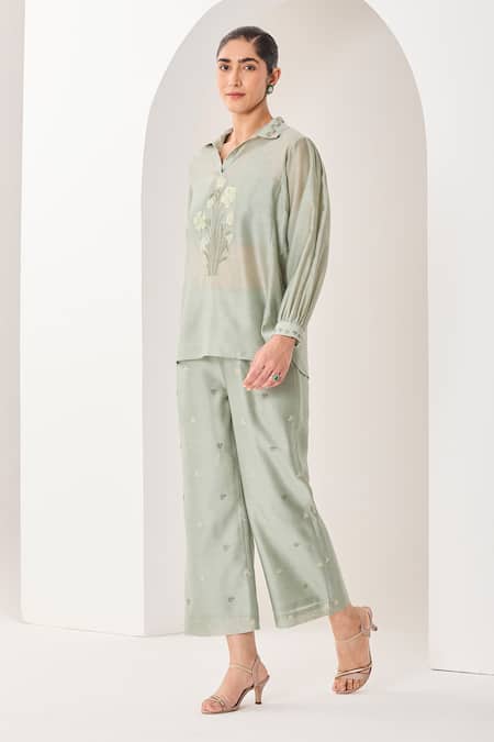 Sue Mue_Green Silk, Chanderi Embroidery, Beads Collared Sage Handwoven Set _Online_at_Aza_Fashions