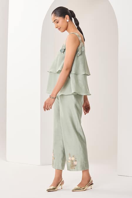 Sue Mue_Green Silk, Chanderi Embroidery, Beads, Sequins Scoop Neck Sage Handwoven Set _Online_at_Aza_Fashions