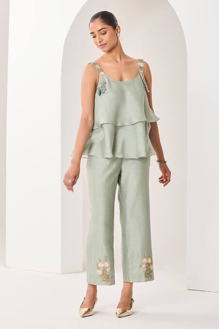 Buy_Sue Mue_Green Silk, Chanderi Embroidery, Beads, Sequins Scoop Neck Sage Handwoven Set _Online_at_Aza_Fashions