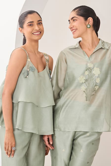 Sue Mue_Green Silk, Chanderi Embroidery, Beads, Sequins Scoop Neck Sage Handwoven Set _at_Aza_Fashions