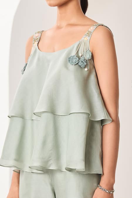 Buy_Sue Mue_Green Silk, Chanderi Embroidery, Beads, Sequins Scoop Neck Sage Handwoven Set 