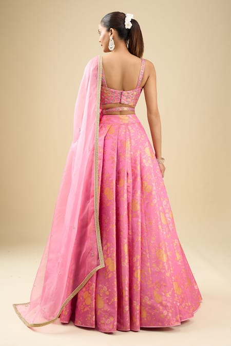 Shyam Narayan Prasad Flamingo Pink Zardozi Embroidered Lehenga Set 