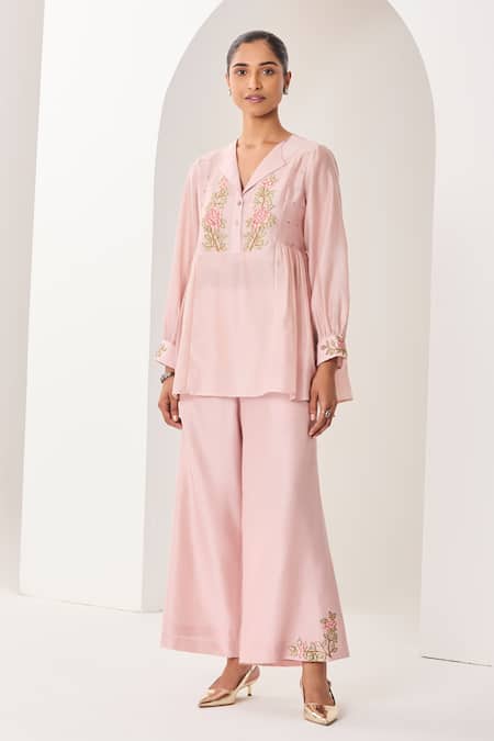 Sue Mue Pink Silk, Chanderi Embroidery Collared Pastel Handwoven Co-ord Set 