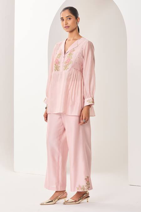 Sue Mue_Pink Silk, Chanderi Embroidery Collared Pastel Handwoven Co-ord Set _Online_at_Aza_Fashions