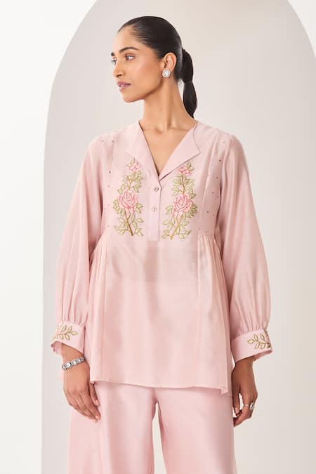 Buy_Sue Mue_Pink Silk, Chanderi Embroidery Collared Pastel Handwoven Co-ord Set _Online_at_Aza_Fashions