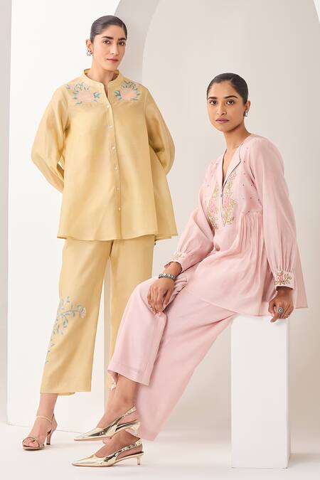 Shop_Sue Mue_Pink Silk, Chanderi Embroidery Collared Pastel Handwoven Co-ord Set _Online_at_Aza_Fashions