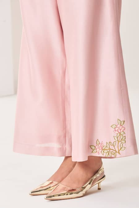 Sue Mue_Pink Silk, Chanderi Embroidery Collared Pastel Handwoven Co-ord Set _at_Aza_Fashions