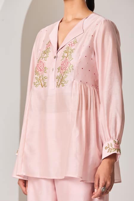 Buy_Sue Mue_Pink Silk, Chanderi Embroidery Collared Pastel Handwoven Co-ord Set 