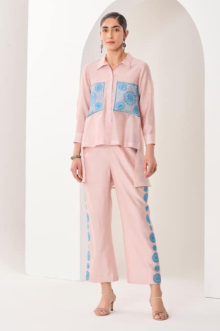 Sue Mue Pink Silk, Chanderi Embroidery Collared Pastel Handwoven Co-ordinate Set 