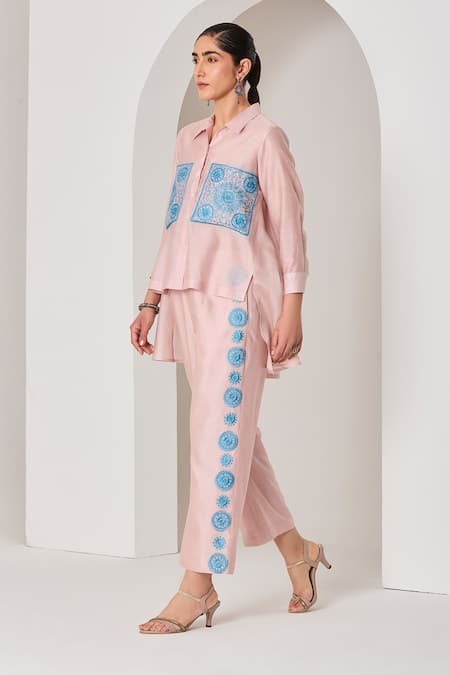 Sue Mue_Pink Silk, Chanderi Embroidery Collared Pastel Handwoven Co-ordinate Set _Online_at_Aza_Fashions